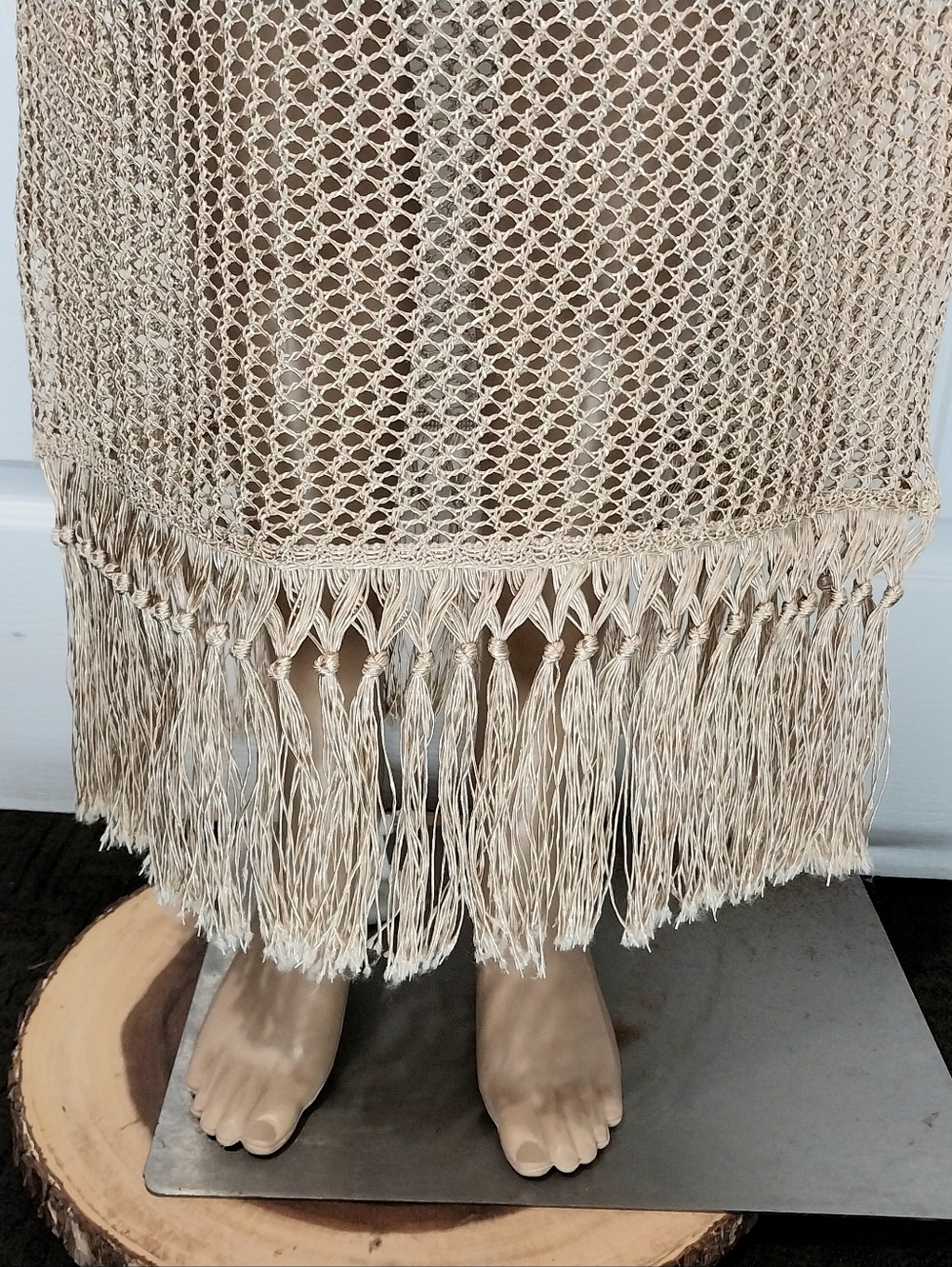 Golden Crochet Dress with Fringe, NWOT, Size S - Picture 3 of 11